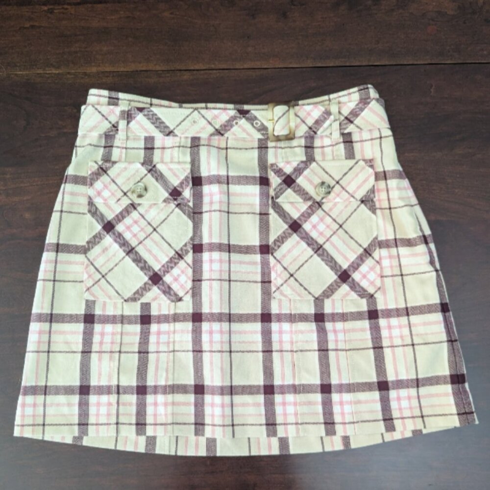 Free People Womens 6 Plaid Mini Skirt Belt Pockets Cream Pink Preppy Academia